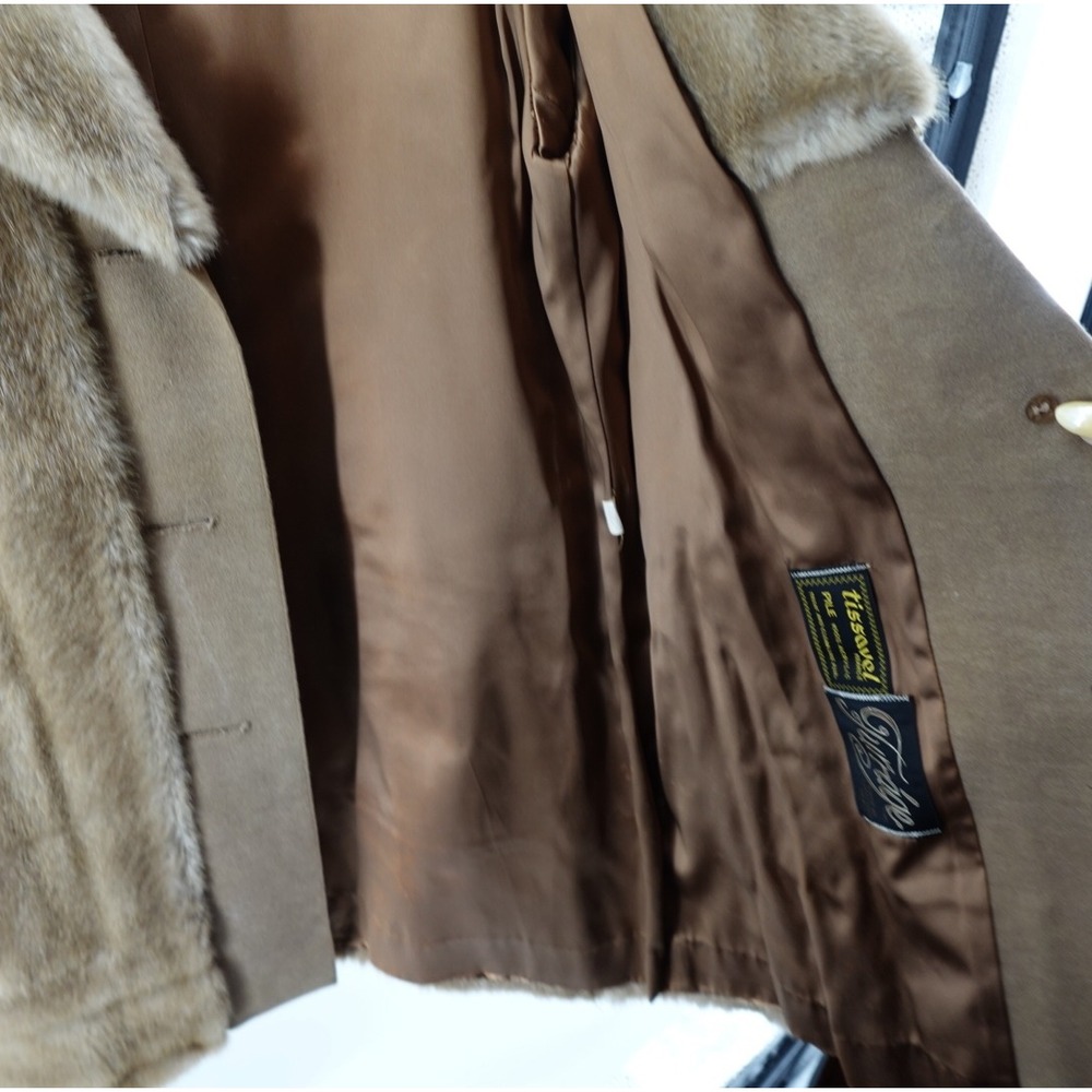 Vintage Furrage Tissavel France Faux Fur Coat Brown Belted Mid Length Jacket - Picture 5 of 8